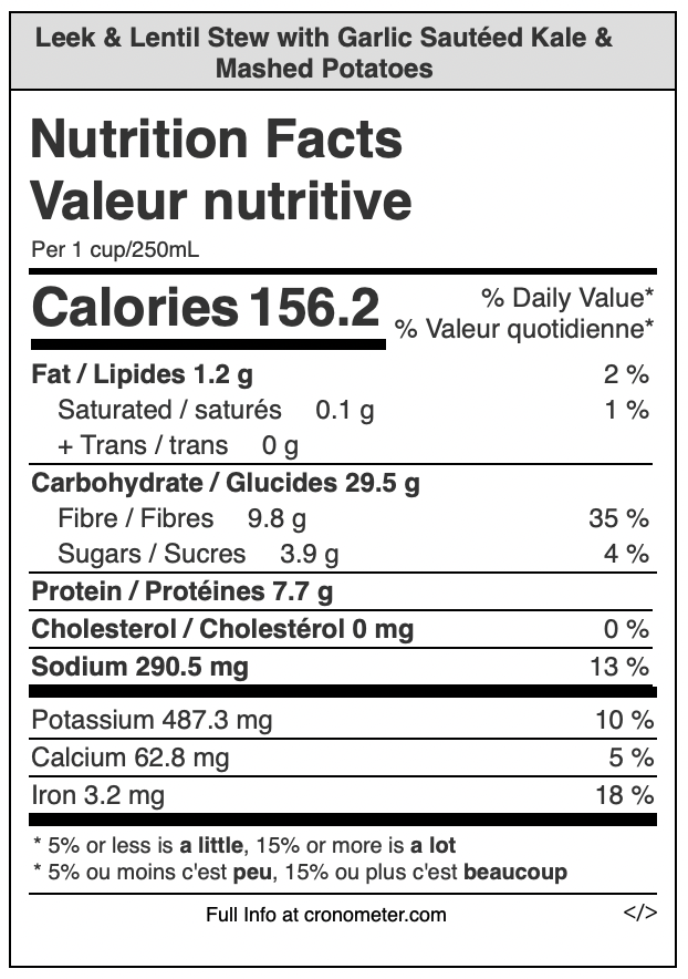 Leek & Lentil Stew Jar With Garlic Sautéed Kale & Mashed Potatoes